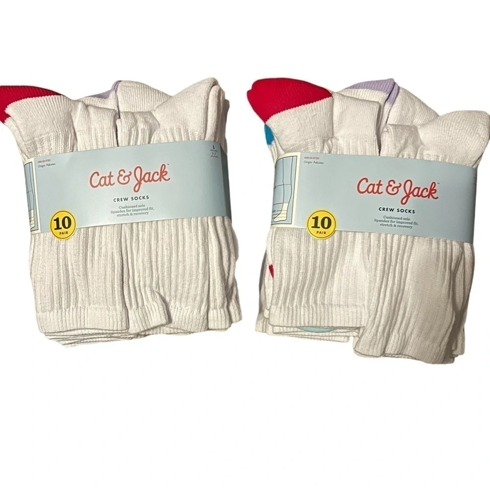 Cat & Jack Girls 3-7 Large Crew Socks White w/colored heels NWT (Lot of 2 pkg)